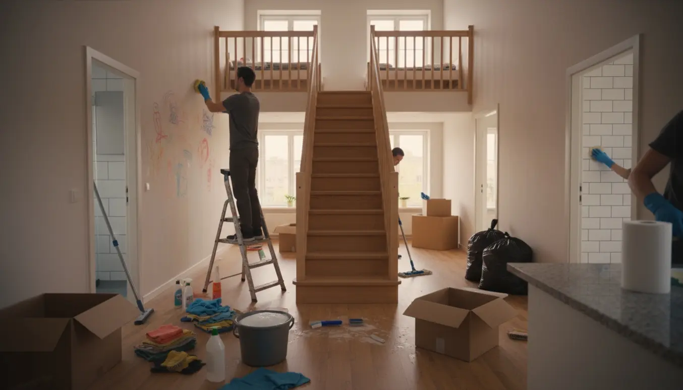 To rengøringsfolk fjerner kridt og pletter under flytterengøring i en lys lejlighed med trappe og flyttekasser.