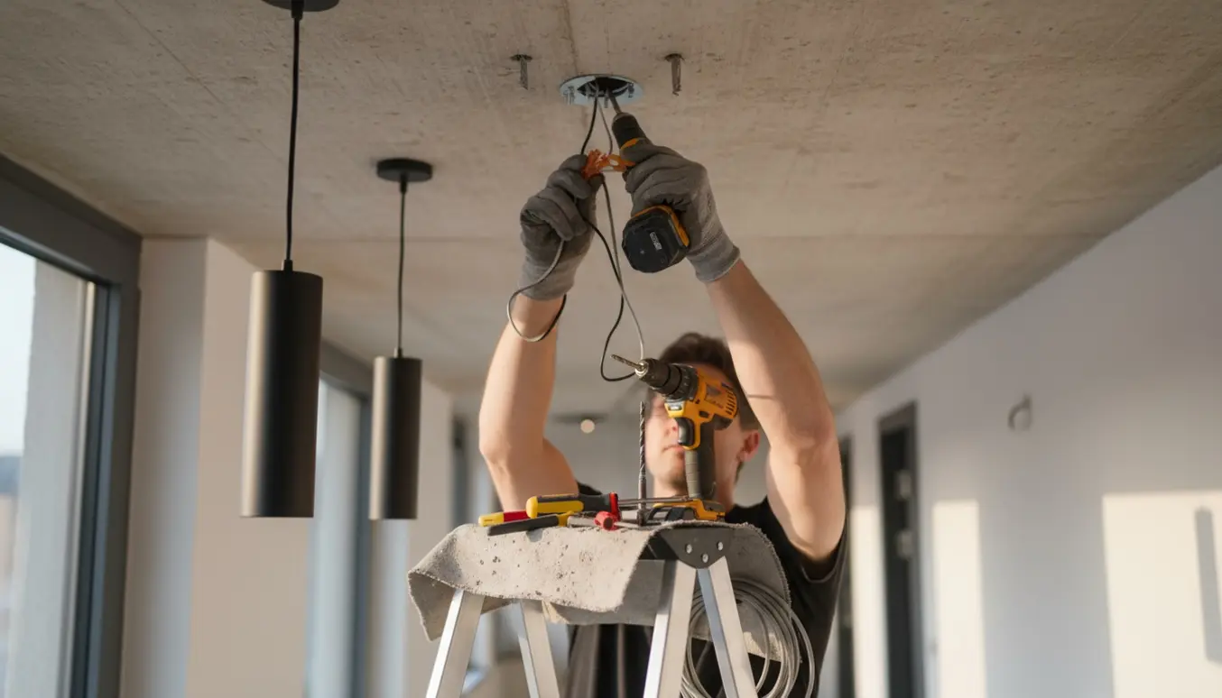 Hænder monterer to lamper i et råt betonloft med borehammer og værktøj.