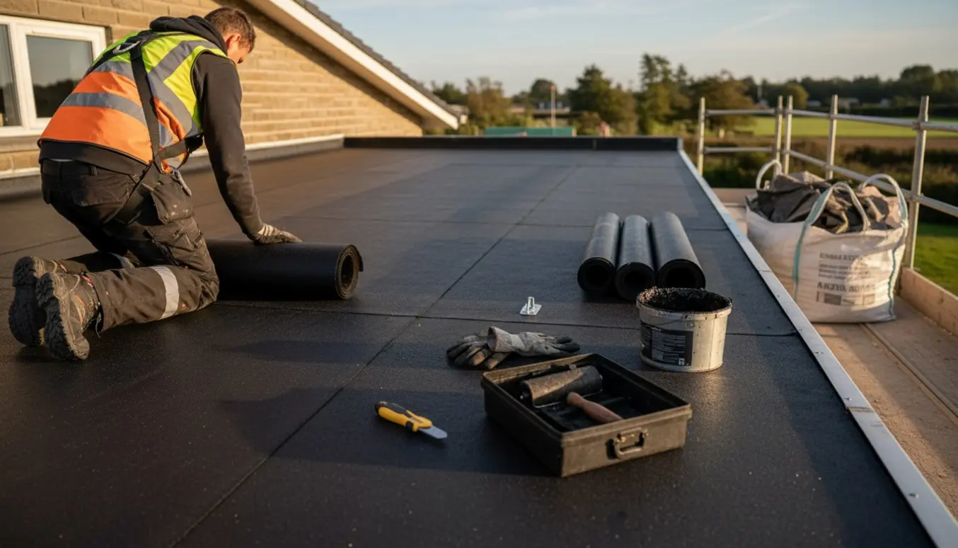 Håndværker lægger nyt tagpap på fladt tag ved en tilbygning med ruller tagpap og værktøj synligt.