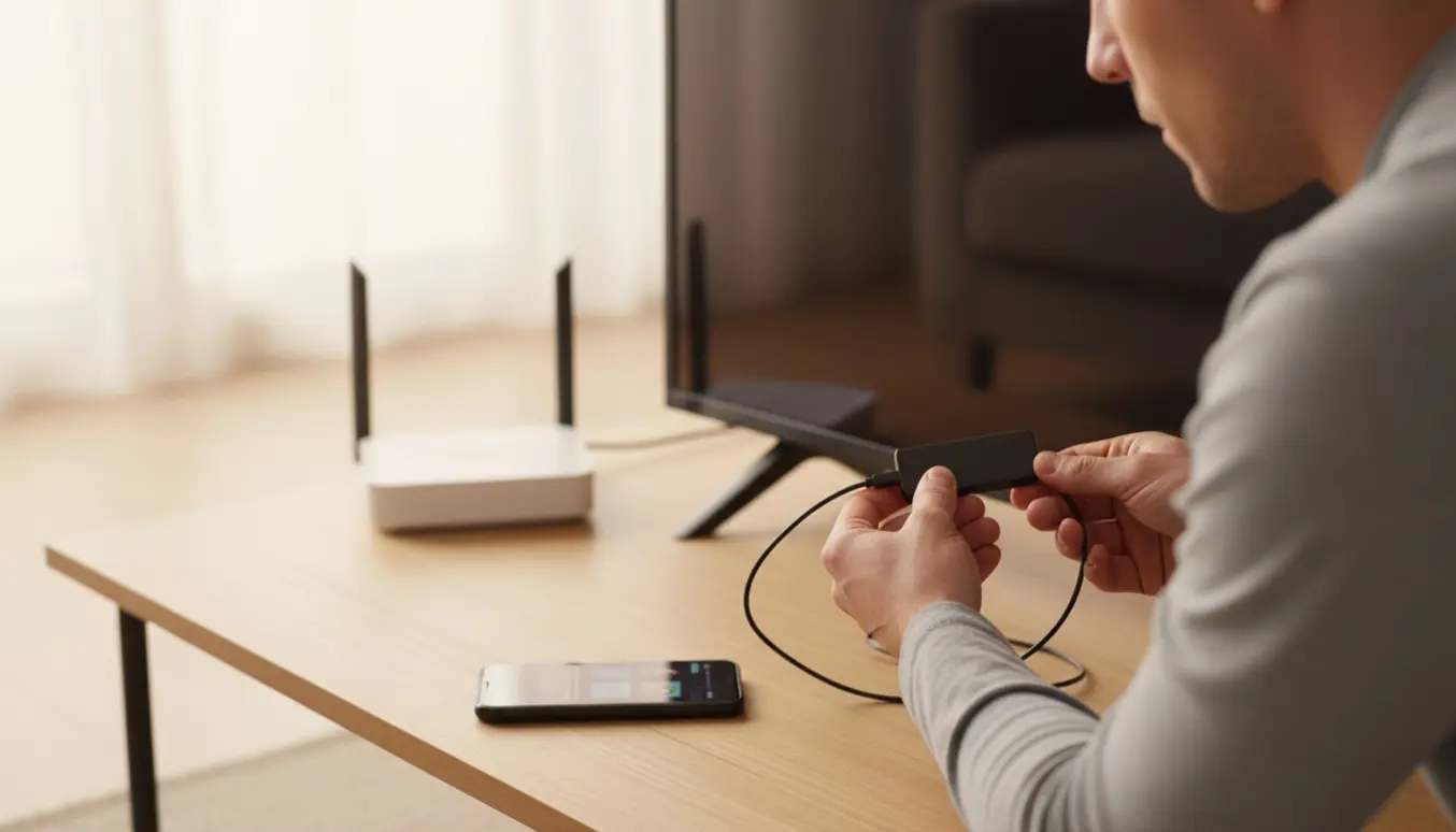 Hænder tilslutter en ubemærket HDMI-dongle til et fladt TV i en lys stue.