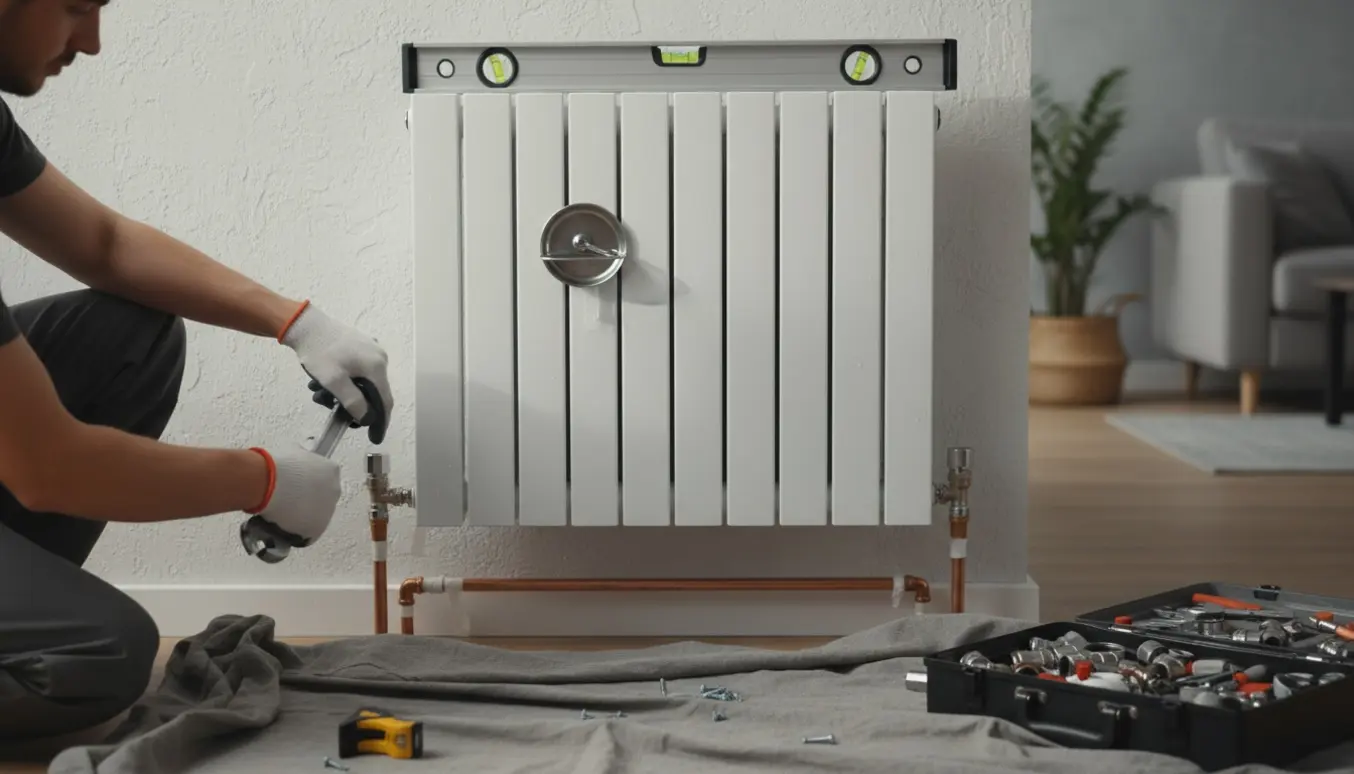 Hænder monterer en høj, lodret radiator på en indendørs væg med værktøj og rør omkring.