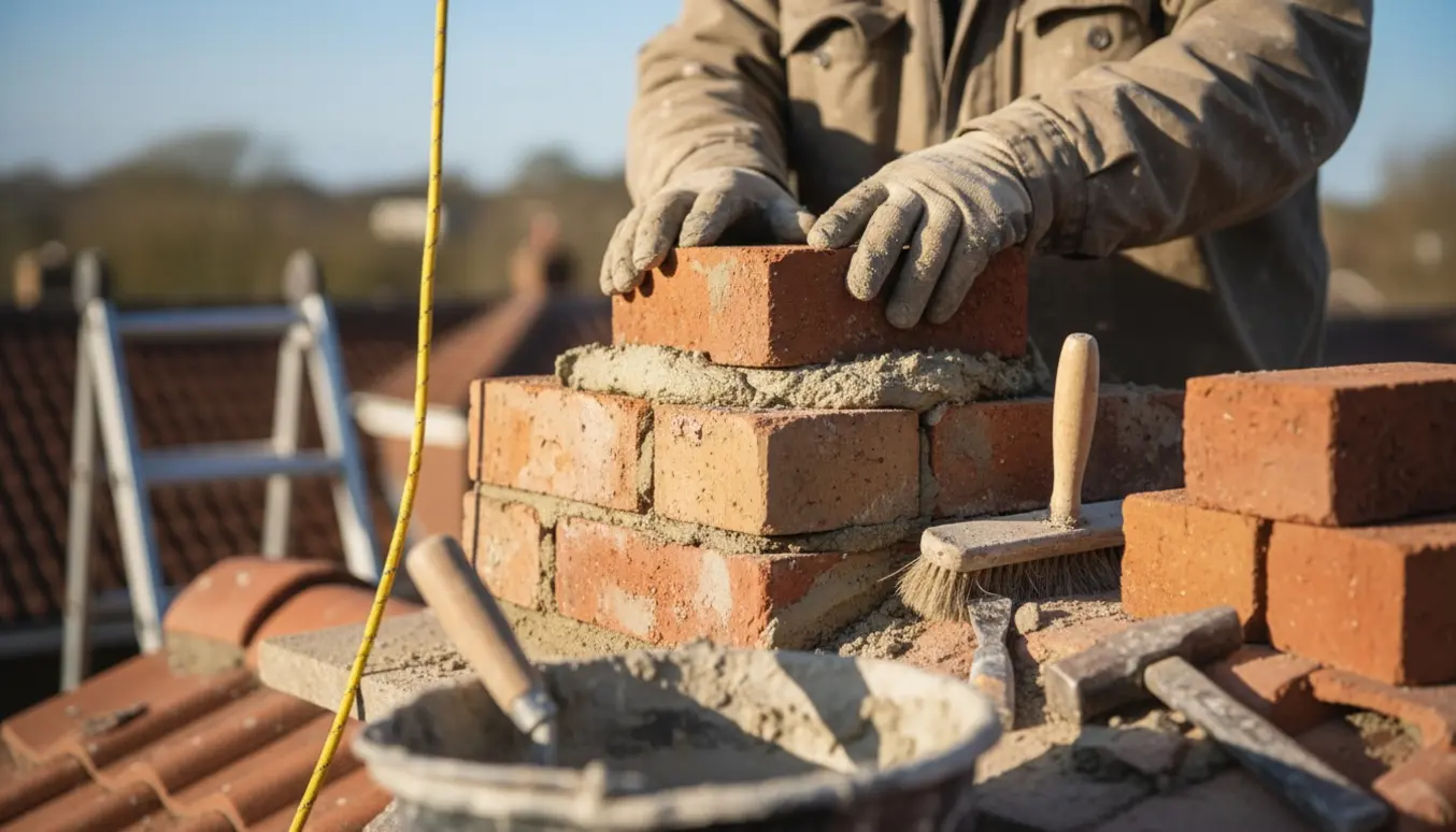 Hænder i handsker udskifter en løs mursten på en skorsten med mørtel og murske.