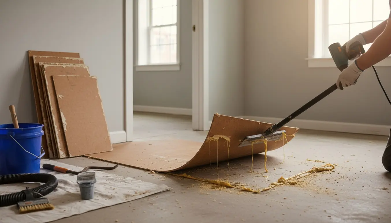 Nærbillede af handsker og værktøj, der fjerner limede masonitplader fra gulvet i to sammenhængende værelser.