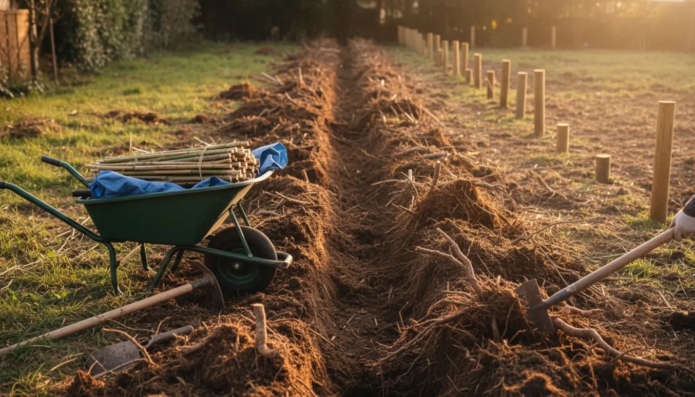 Lang, smal stribe bambus graves op i en baghave med skovl, rotsav og trillebør klar til bortkørsel.