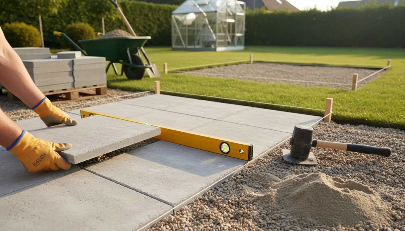 Nærbillede af fliselægning på grus med 30x30 cm fliser, håndtamper og afmærkede områder til skur og drivhus.