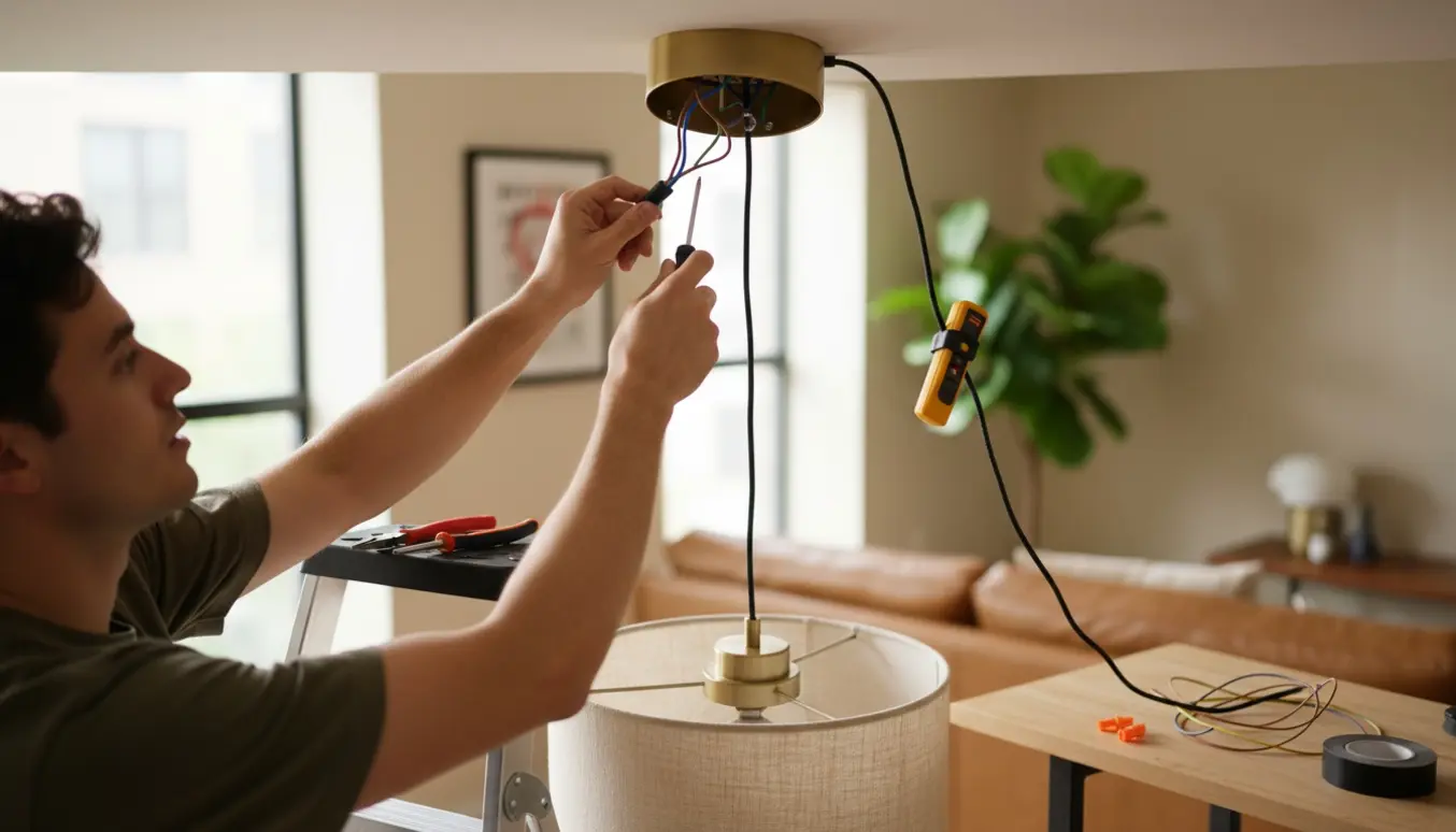 Detaljeret billede af en person på en stige, der monterer en loftlampe i en moderne lejlighed med værktøj og synlige ledninger.