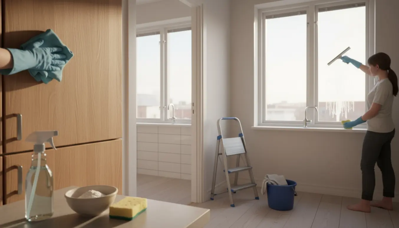 Hænder rengør køkkenskab med mikrofiberklud og pudser vindue i en lys, skandinavisk lejlighed.