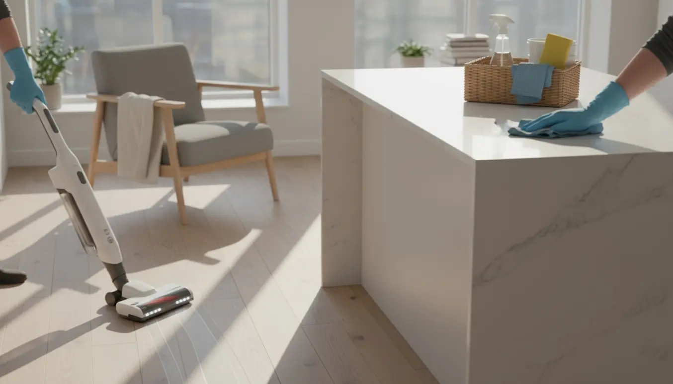 Rengøring i et lyst skandinavisk hjem med støvsuger og microfiberklud.
