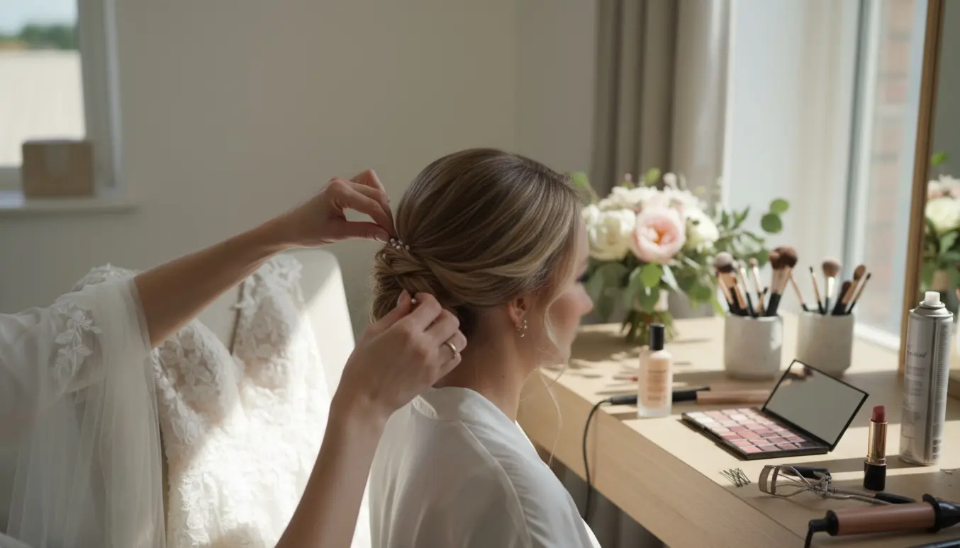 Hænder sætter brudens hår i en elegant opsætning ved et solbeskinnet spejlbord med makeuppensler og paletter.