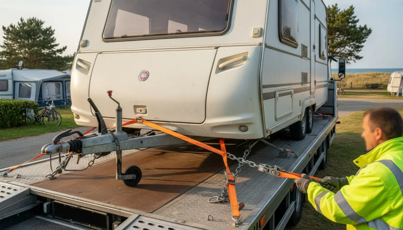 En ladevogn transporterer en campingvogn ved en kystnær campingplads, sikret med stropper og hjulklodser.