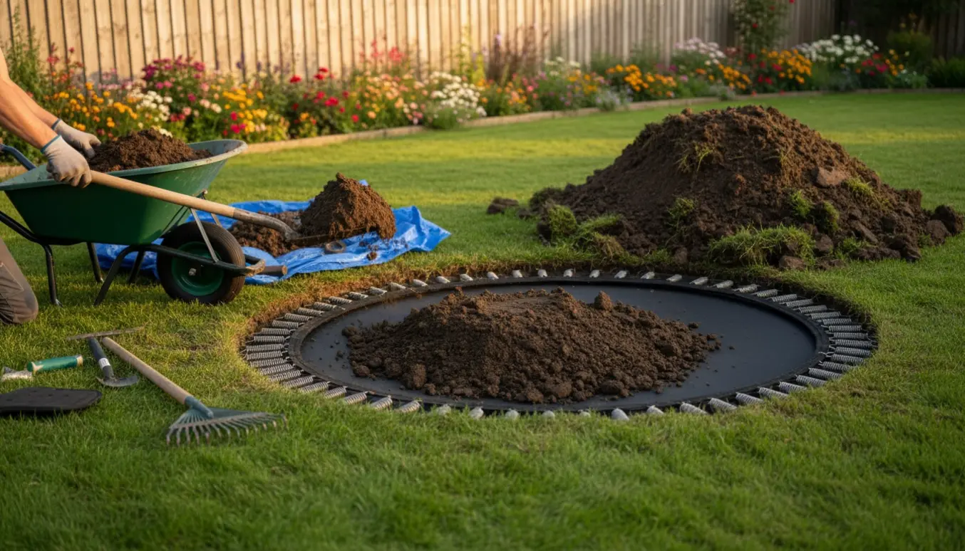Fjernelse af jord fra en nedgravet trampolin med skovl og en stor bunke jord ved siden af.