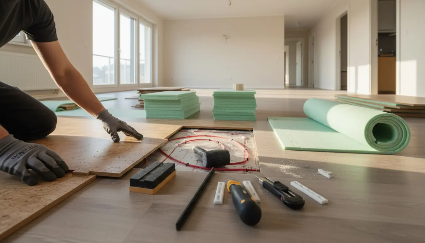 Vinyl kork klikgulv installeres i et lyst, åbent rum med værktøj og underlag synligt.