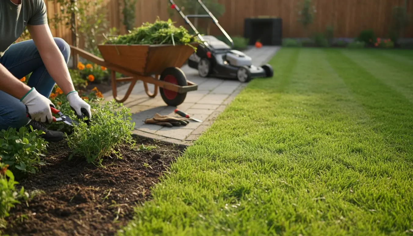 Hænder og redskaber i en solbeskinnet have, hvor græs er slået og blomsterbede er ordnet.
