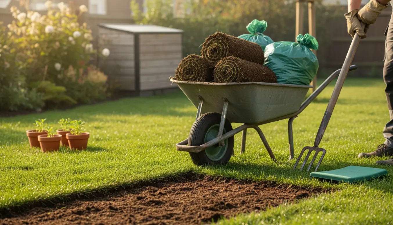 Opgravning af græs i et bed med spade og trillebør fyldt med græstørv klar til bortskaffelse.