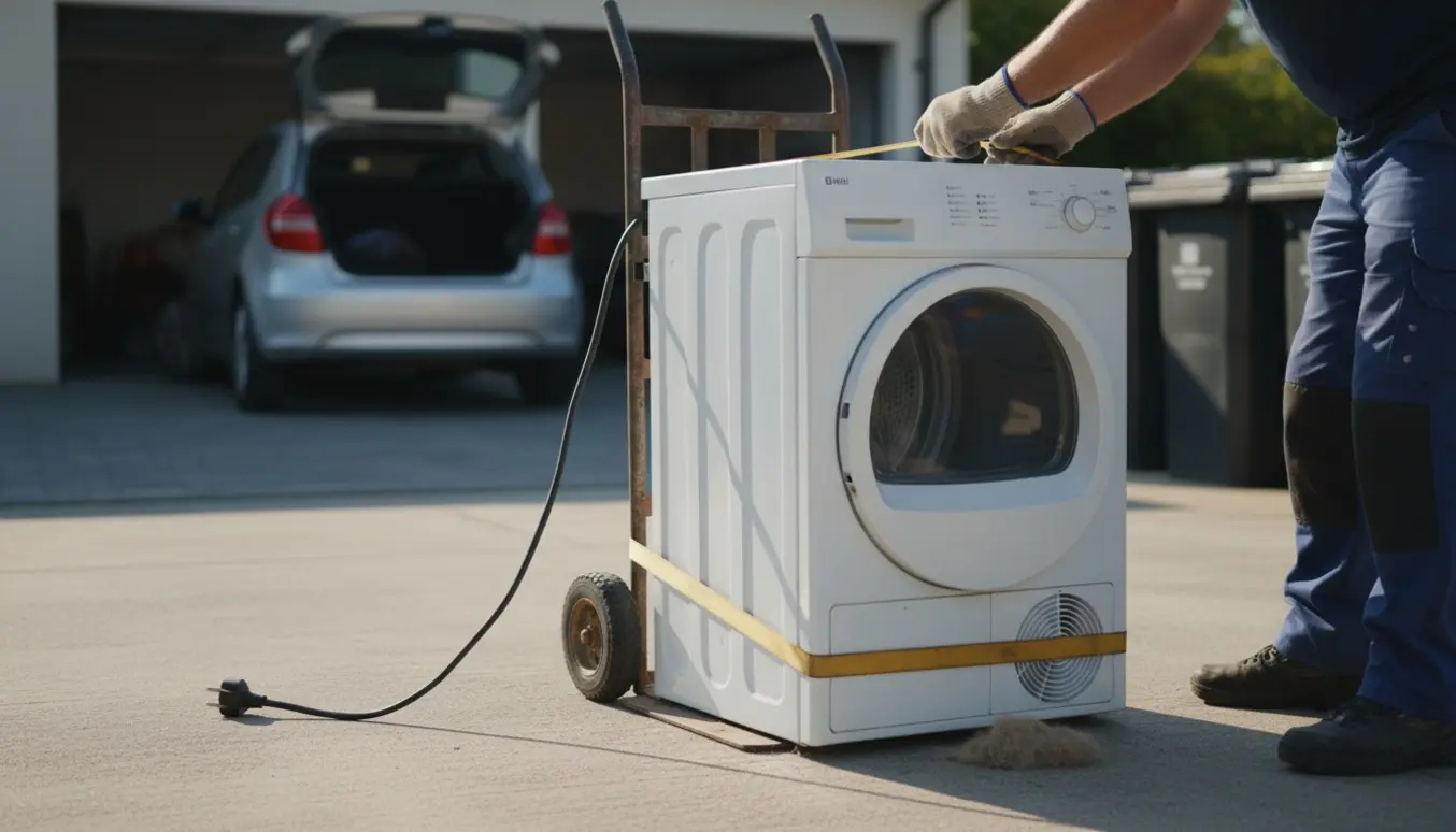 En defekt tørretumbler, taget ud af stikket og sikret på en trillebør ved indkørslen, klar til afhentning.