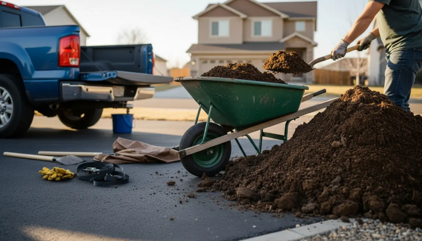 Stor bunke jord ved indkørslen klar til bortkørsel med skovl og trillebør.