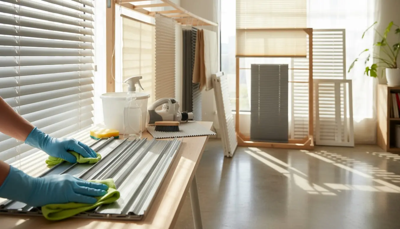 Hænder i handsker tørrer og rengør flere persienner i forskellige størrelser i et lyst værksted.