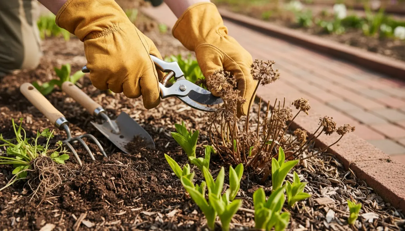 Hænder i handsker klipper visne staudetoppe og luger i et blomsterbed.