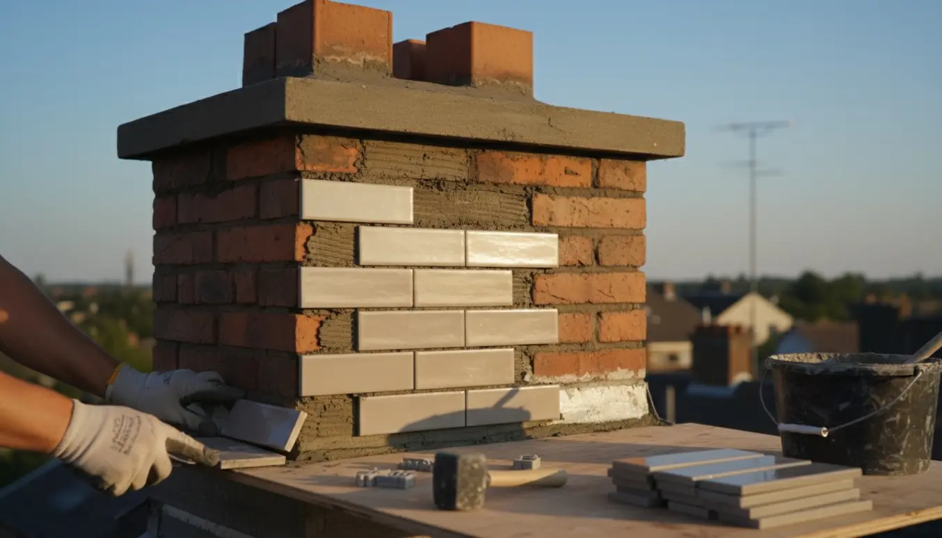 Nærbillede af en skorsten, hvor håndværker sætter 7,5×30 cm fliser på med mørtel på et tag.