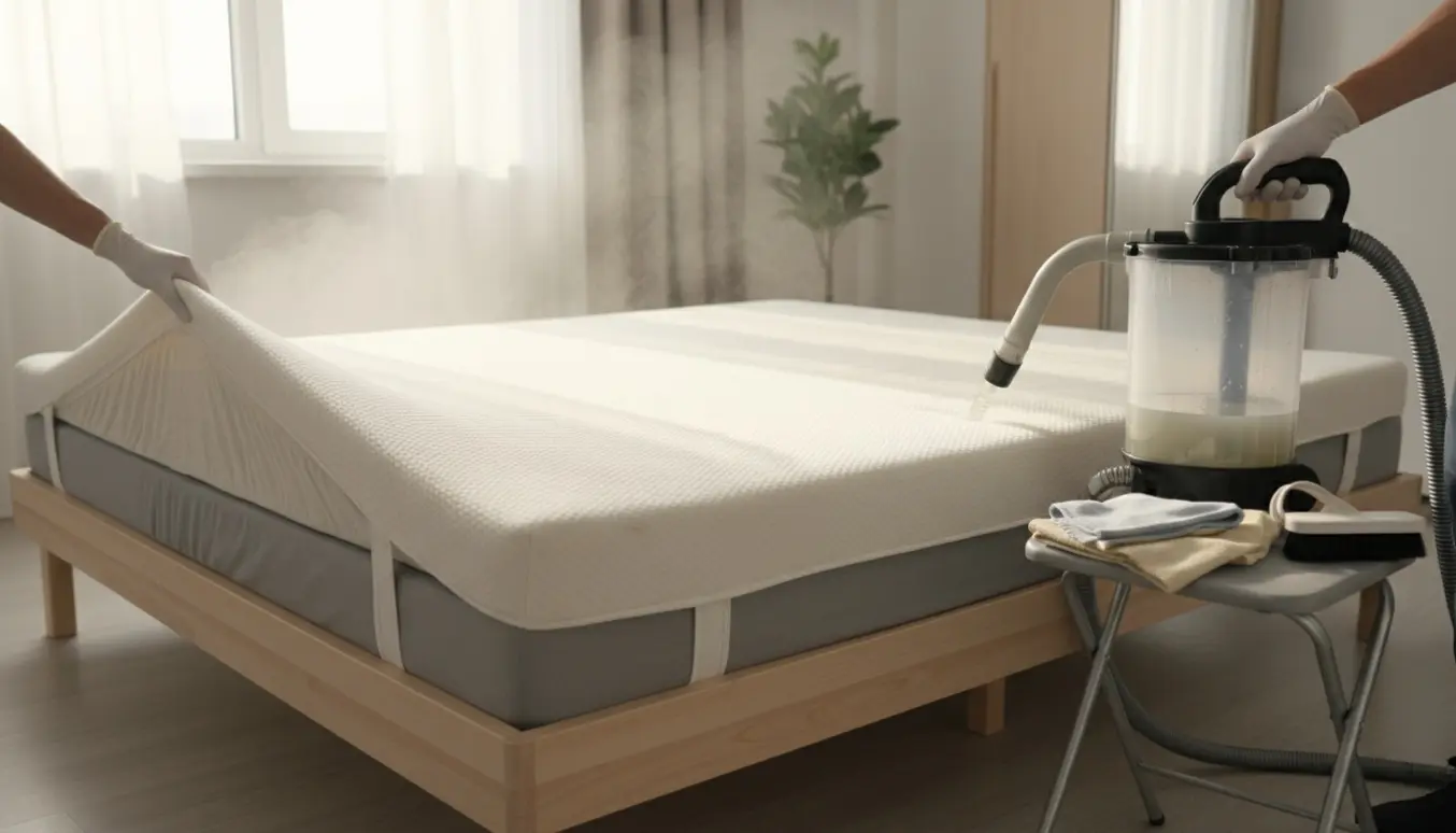 Professionel rensning af en stor topmadras i et lyst soveværelse med specialudstyr.