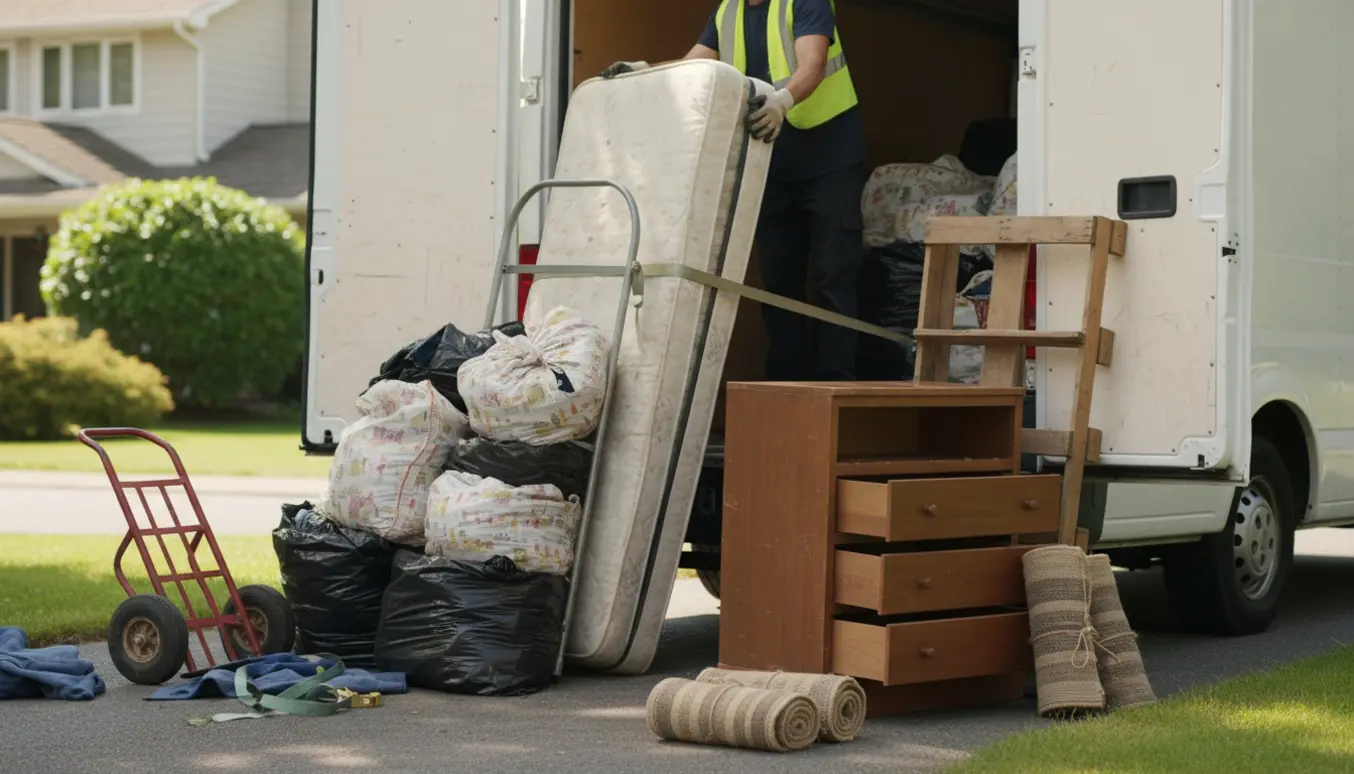 Lastning af affald og møbler i en varevogn: sække med tøj, boxmadras, ødelagt kommode, palle og rullede gulvtæpper.