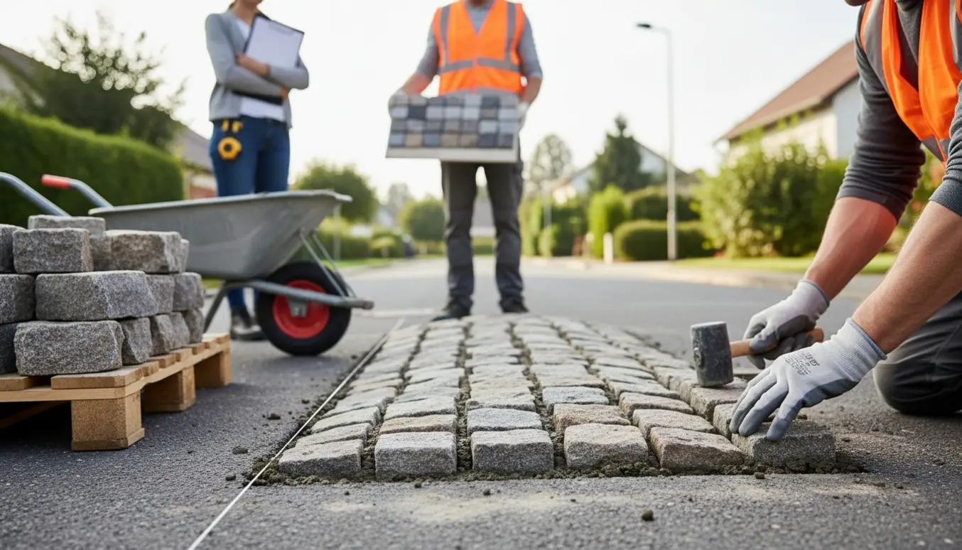 Håndværkere og grundejerforening inspicerer et brostensvejbump under forberedelse på en boligvej.