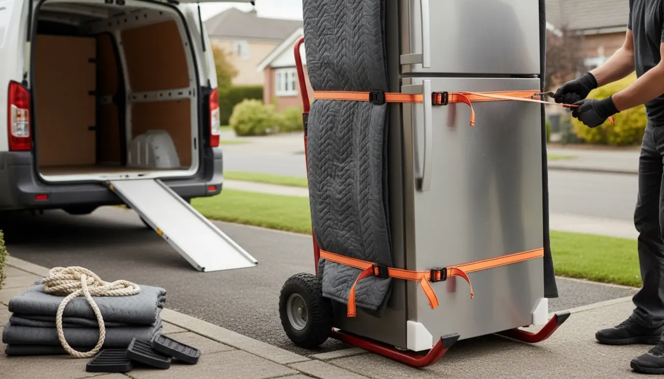 Kølefryseskab spændt fast på sækkevogn ved fortovet klar til transport til genbrugspladsen.