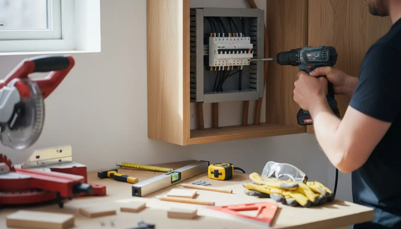 Hænder monterer et træskab omkring en vægmonteret eltavle i et lyst bryggers.