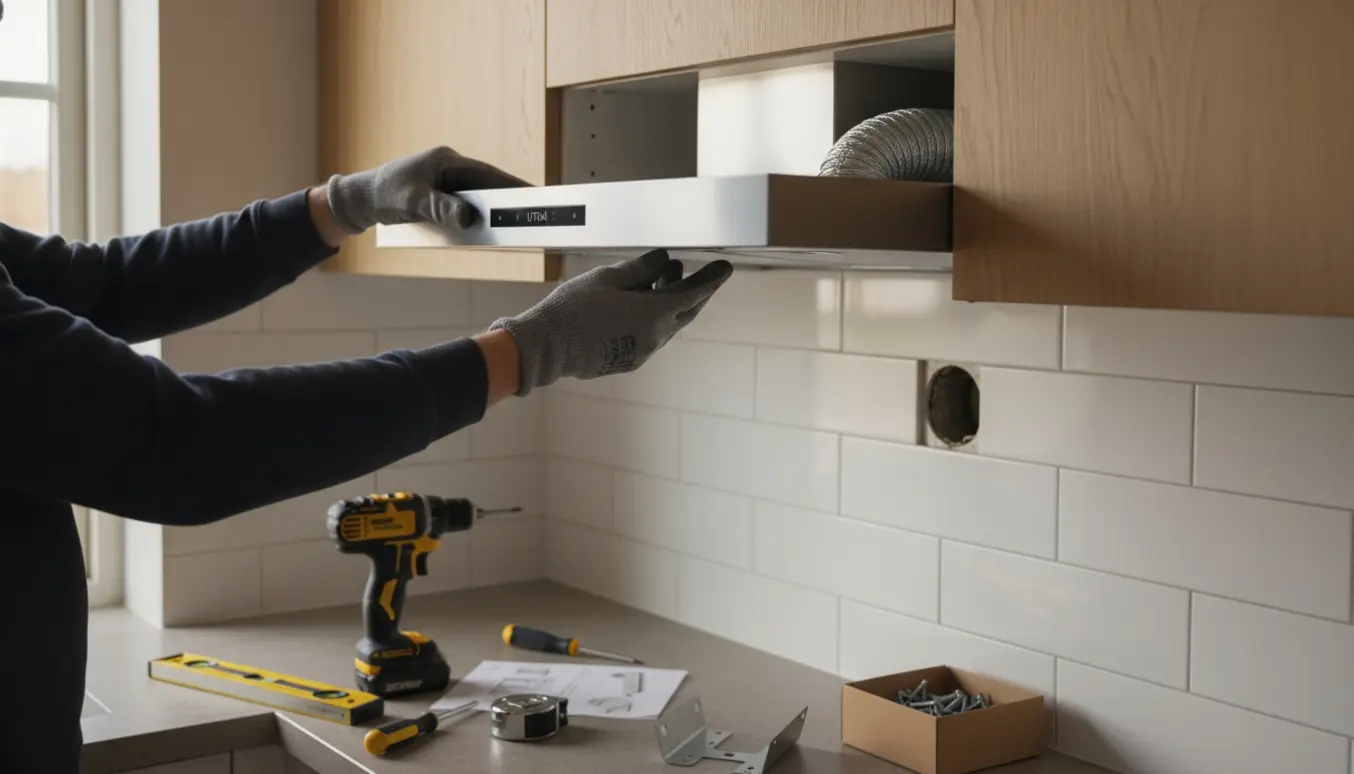 Hænder monterer en ny Utdrag udtræksemhætte i et lyst køkken med værktøj og ventilationskanal synlig.