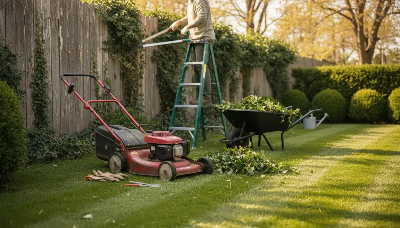 Nyslået græs, beskåret efeu på et træhegn og haveredskaber lagt på plænen.