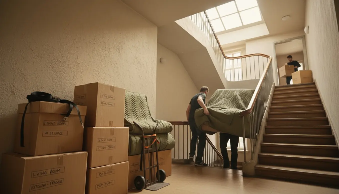 Flyttefolk bærer en sofa op ad en trappe mod en loftsgang med flyttekasser og flytteudstyr i forgrunden.