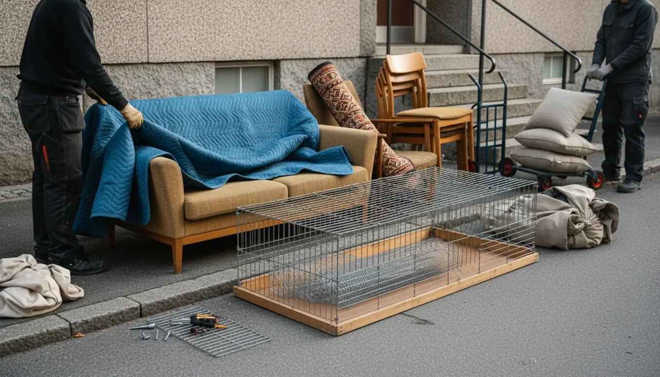 Sofa, møbler og et afmonteret kaninbur lagt på fortovet klar til storskrald.