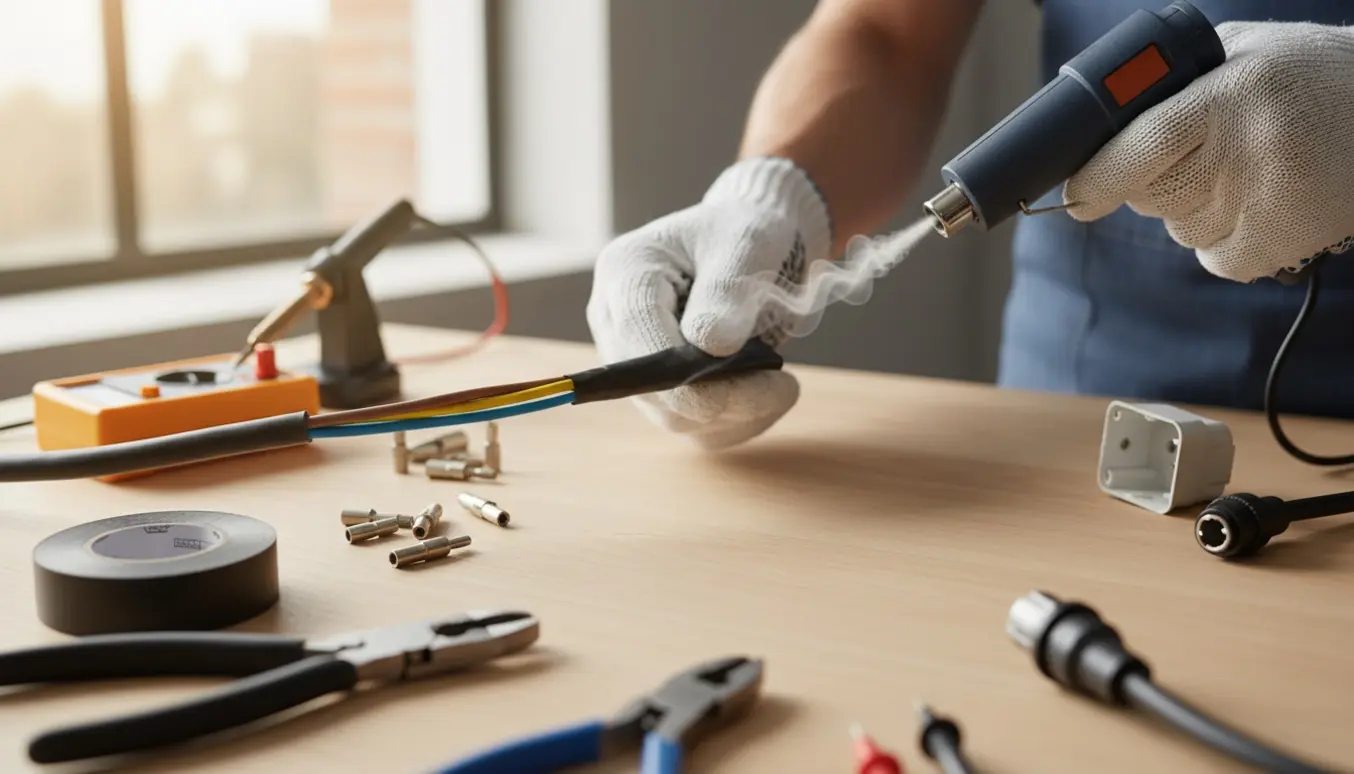 Nærbillede af hænder med isolerede handsker, der splejser et treleddet 230 V-kabel med krympeflex og varmepistol.