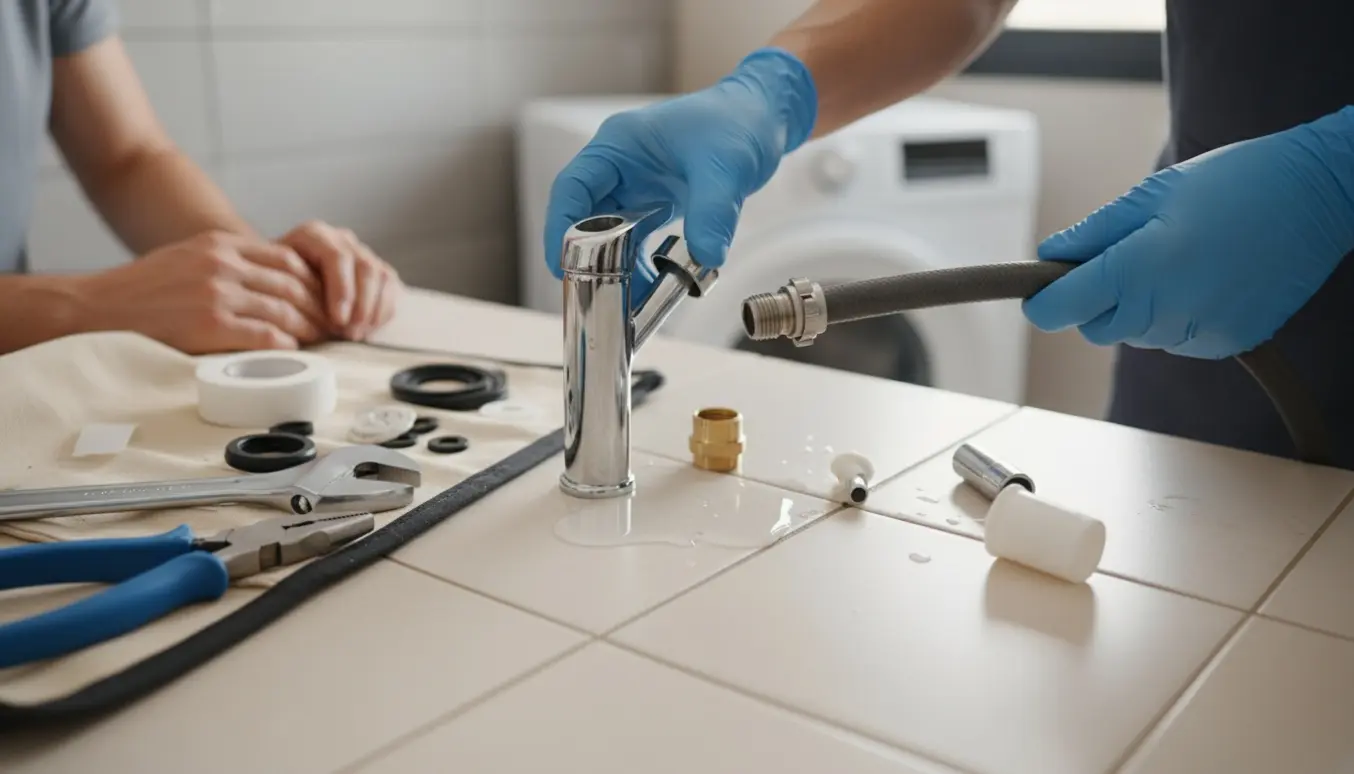 Nærbillede af en indvendigt gevindet vandhane, vaskemaskineslange, fittings og værktøj i et bryggers.