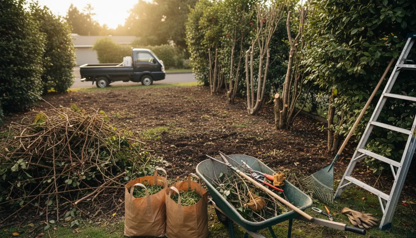Trillebør og værktøj ved nyskåret brombærkrat og beskårne forhavebuske i forhaven.
