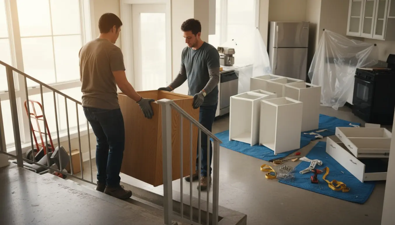 To flyttemænd bærer et køkkenskab ned ad trappen fra en femte sal, mens resterende skabe og hårde hvidevarer er tilbage i lejligheden.