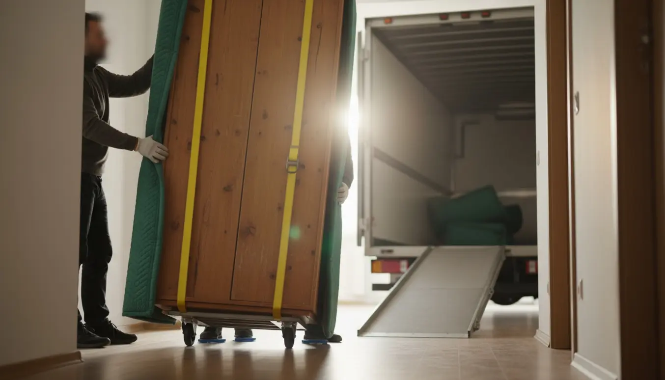 Et tungt træskab på vej ud af en lejlighed på en vogn, pakket ind i flyttetæpper og løftet med stropper.