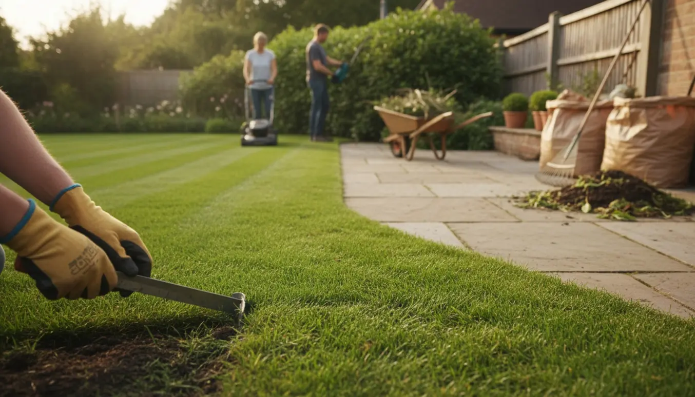 Havearbejde med græsslåning, hækklipning og oprydning ved en terrasse.