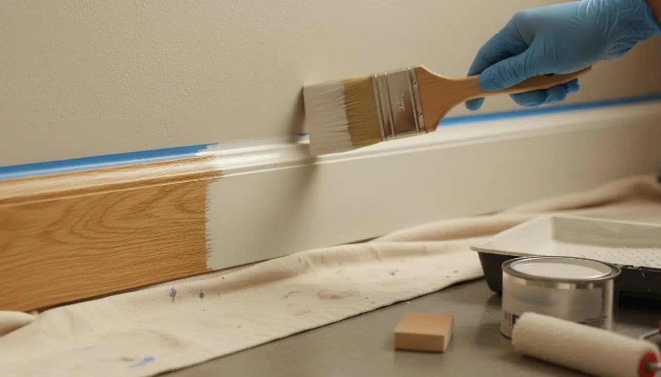 Nærbillede af en hånd, der påfører anden maling på træværk med pensel, med malerudstyr og afdækning i baggrunden.