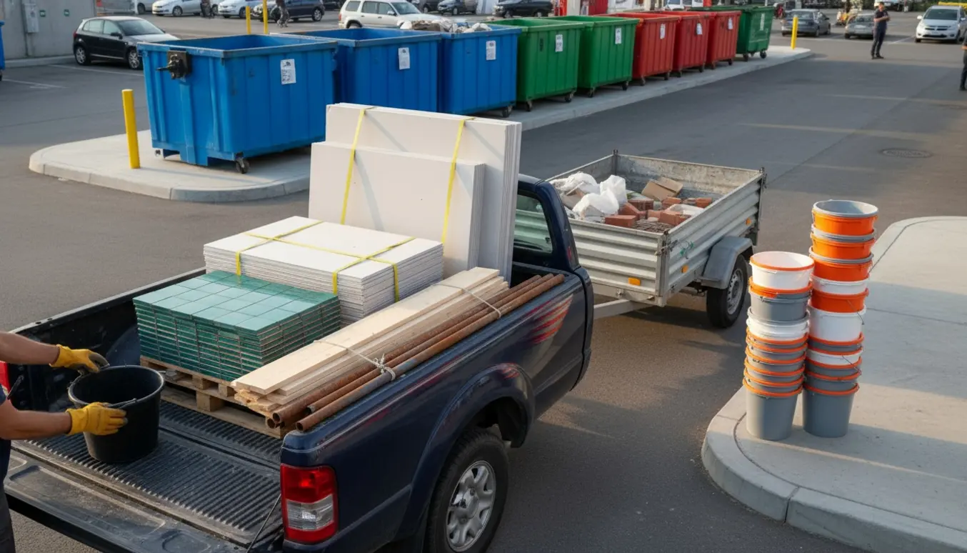 Åben pickup og trailer med klinker, gipsplader, træbrædder og metalrør ved en genbrugsplads, med murerbaljer og spande stablet klar til aflevering.