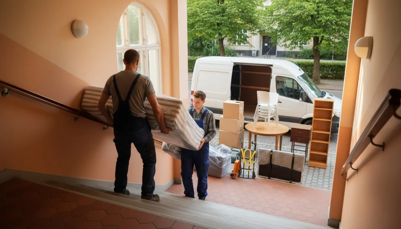To hjælpere bærer møbler og flyttekasser ned ad en trappe mod en åben varevogn foran en typisk Frederiksberg-ejendom.