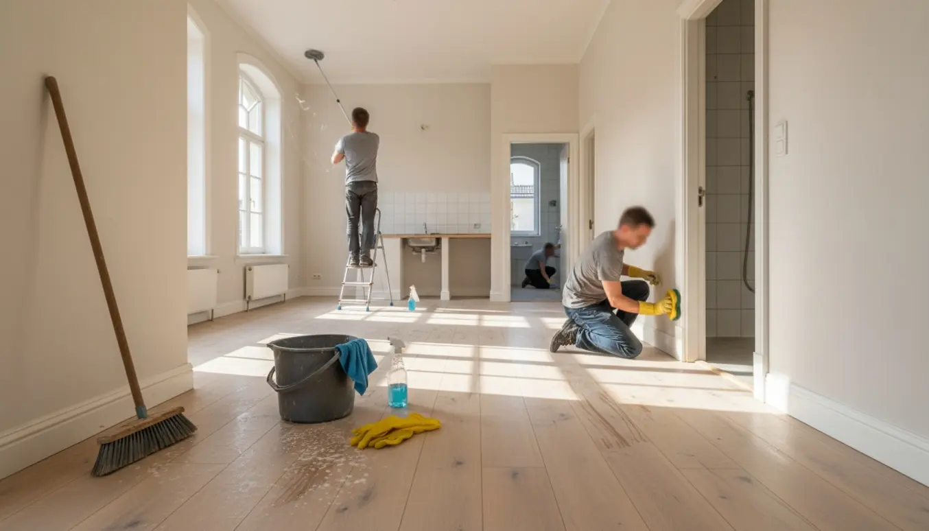 Tomt byhusinteriør hvor rengøring fjerner spindelvæv, vasker fodpaneler og gulve før malerarbejde.