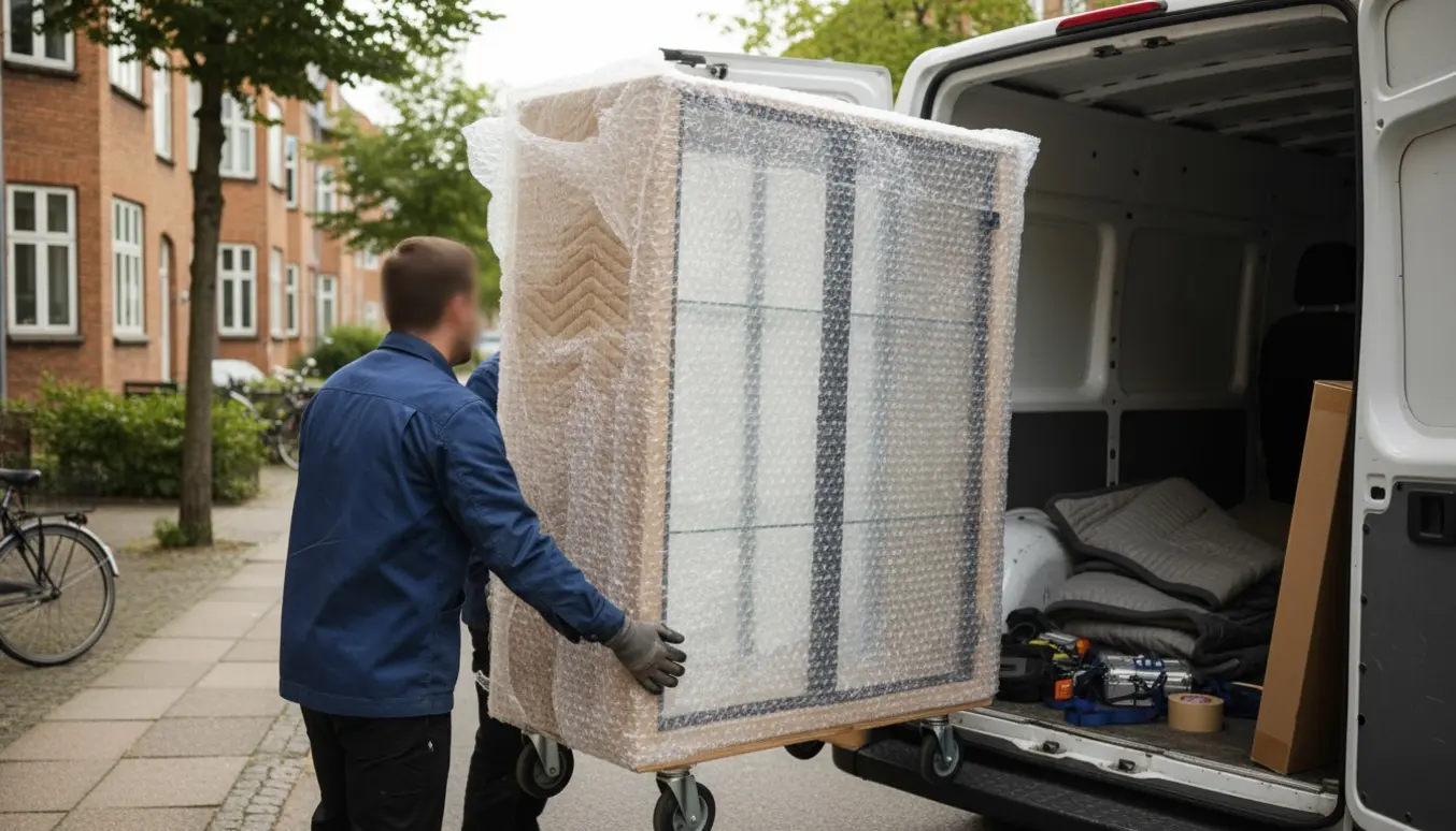 Vitrineskab pakket og sikret på en dolly ved åben flyttevogn på en rolig københavnsk gade.