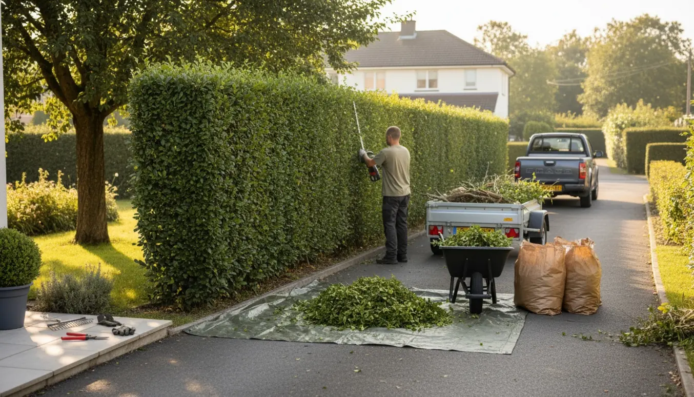 Nyklippet ligusterhæk langs en indkørsel med trillebør og trailer fyldt med haveaffald.