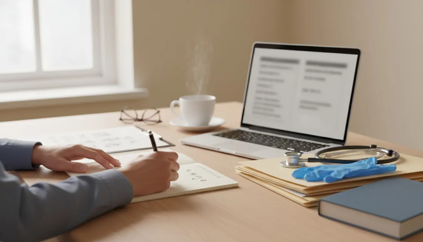 Hænder markerer en notesbog ved et skrivebord med uklare kinesiske journalpapirer og et stetoskop.