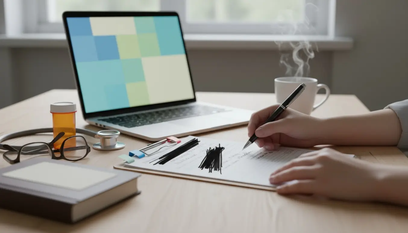 Nærbillede af en oversætters arbejdsbord med medicinske papirer, bærbar computer og stetoskop.