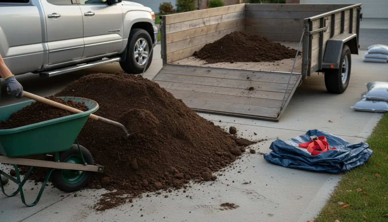 Åben trailer parkeret ved en stor jordbunke med skovl og trillebør klar til at køre jorden væk.
