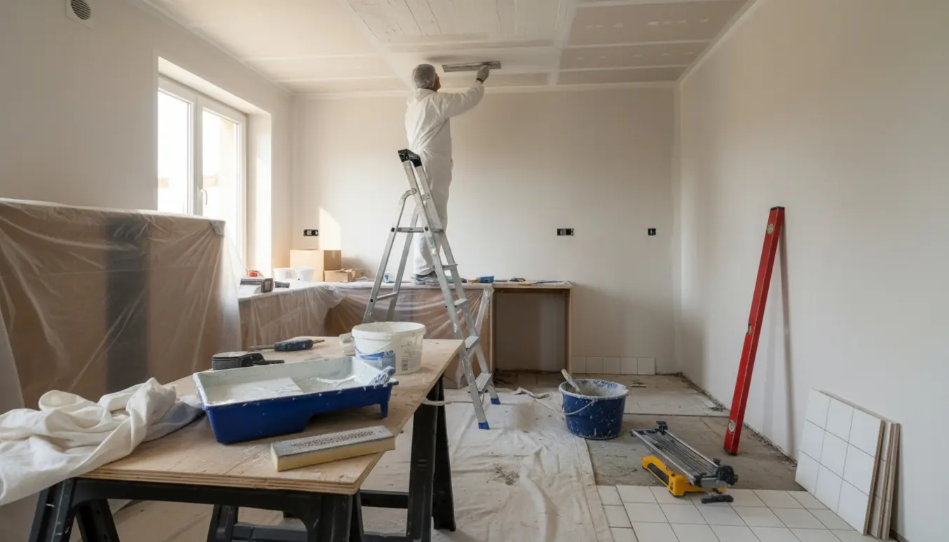 Arbejder spartler og forbereder et nyt gipsloft i et køkken/bryggers med værktøj og fliser synlige, uden tydelige ansigter.