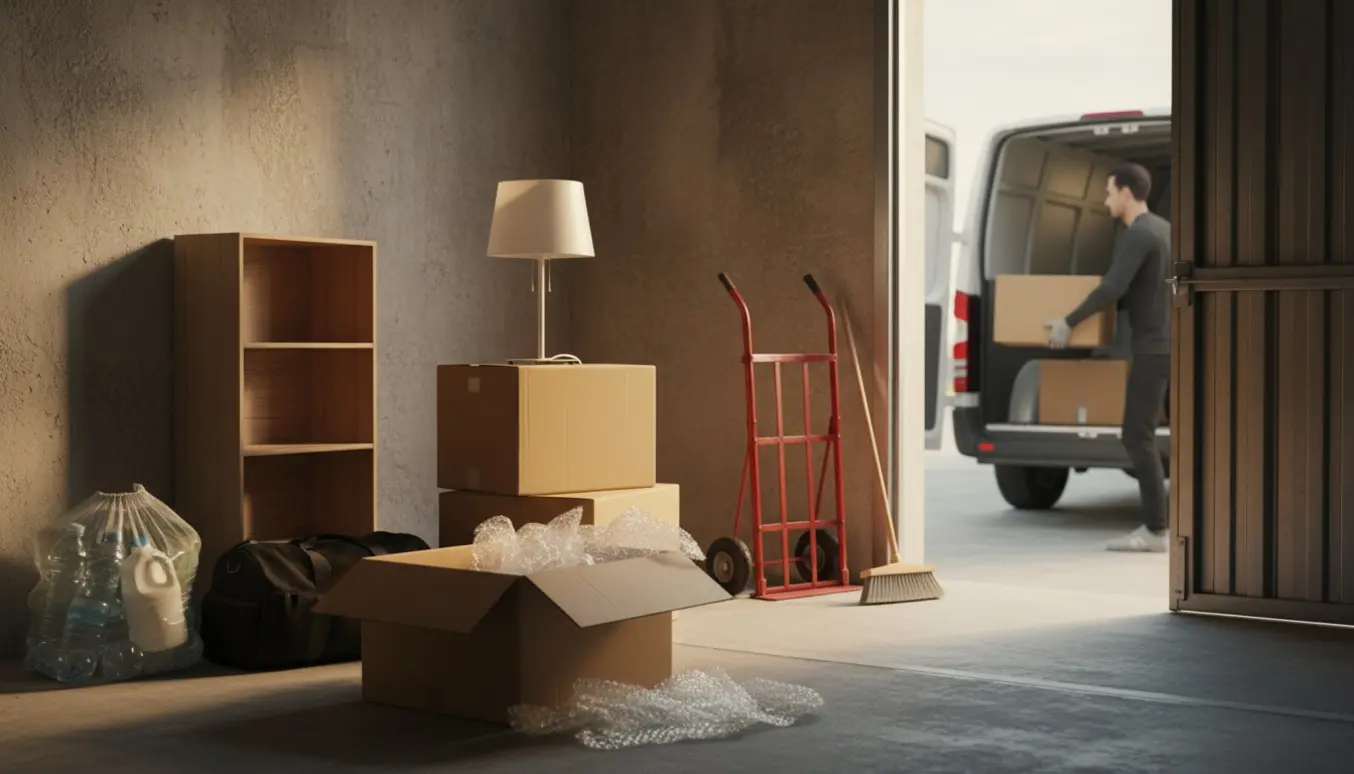 Et kompakt depotrum med flyttekasser, en lille reol, lampe og en transportkærre klar til afhentning ved en åben varevogn.