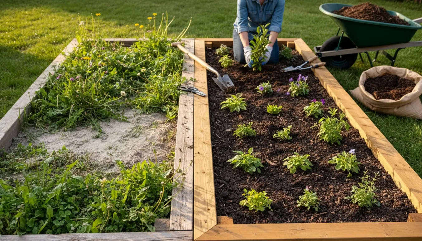 To plantebede side om side, det ene nyrenoveret med frisk jord og nye planter, det andet overgroet og slidt.